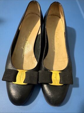 Salvatore Ferragamo Black Leather Bow Flats with Gold Accent